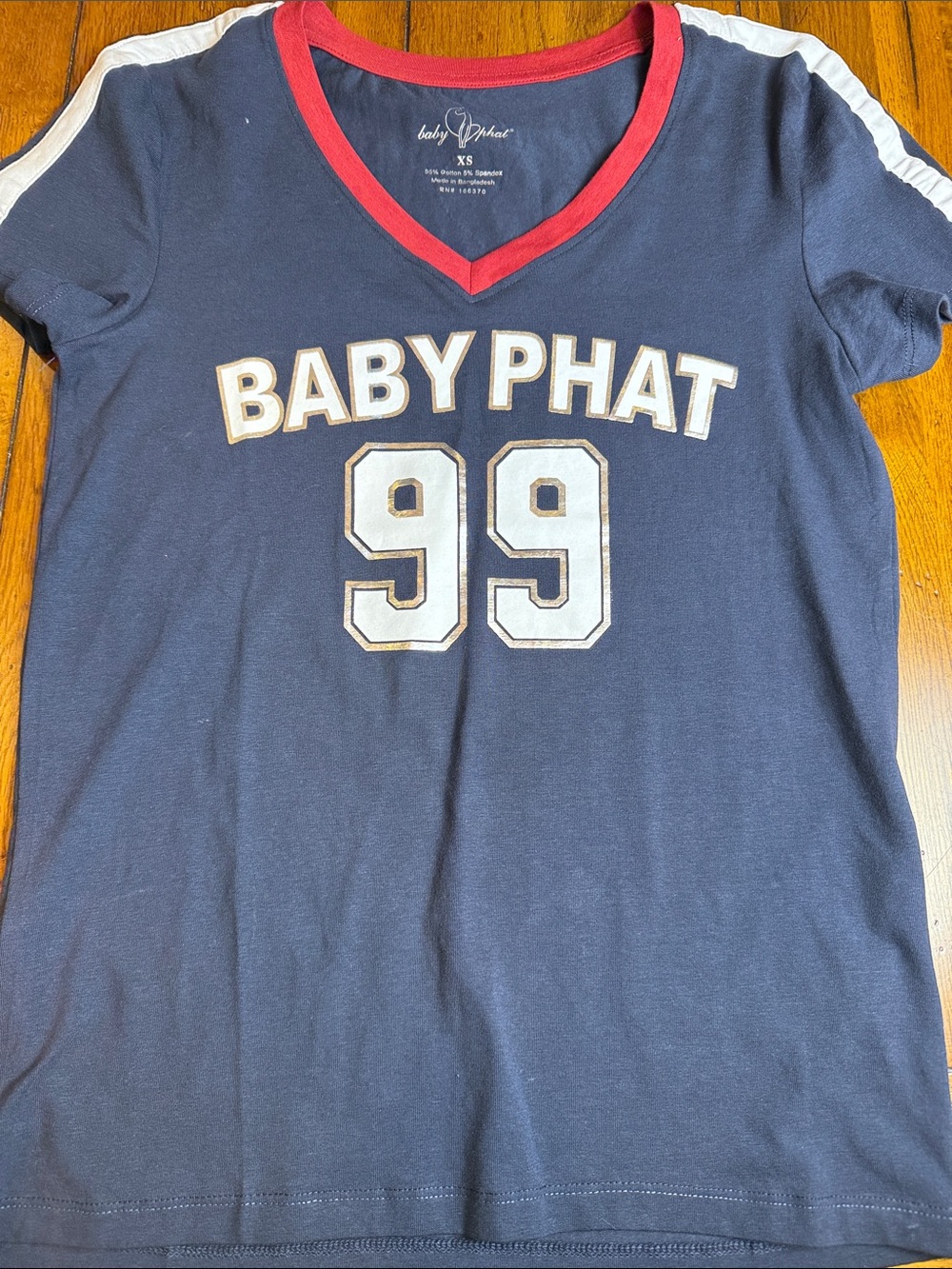 Baby Phat Navy V-Neck '99 Graphic Tee with Red Trim